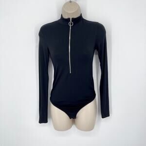 Enza Costa Women's Italian Viscose Mock Neck Zip Front Bodysuit NEW Sz XS Black